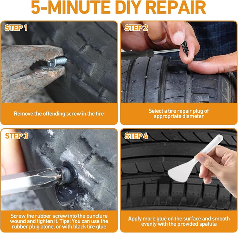 MetFun 40 PCS Tire Repair Rubber Nails Kit with 2 Tubes of Black Tire Sealant Glue, 2026 New Screw in Tire Plugs Kit, Fast Self-Service Tire Repair Screws Kit for Car Motorcycle Truck Tractor Puncture Repair - Image 5